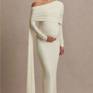 Cream Asymmetric-Neck Maternity Maxi Dress With Sash
